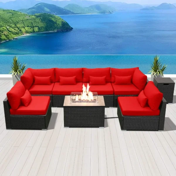 Patio Furniture Sectional Sofa with Gas Fire Pit Table Outdoor Patio Furniture Sets Propane Fire Pit (red-Rectangular Tab