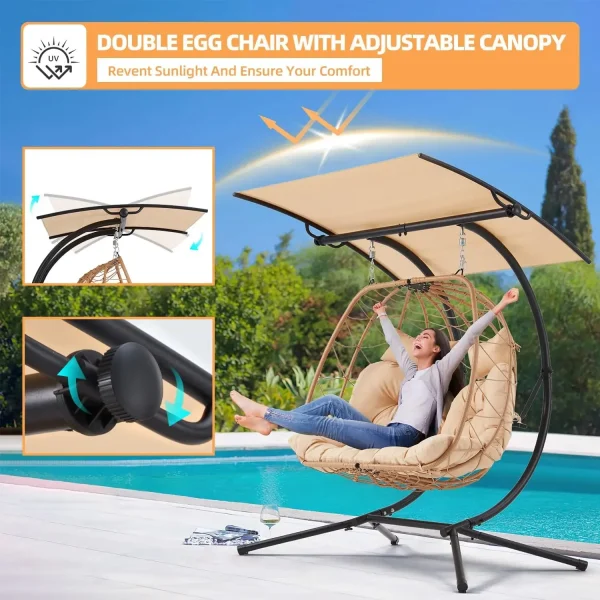 Double Egg Chair with Adjustable Canopy, Oversized Hanging Swing Chair, Cushion Basket Hammock Nest Chair, Outdoor Patio, Garden - Image 2