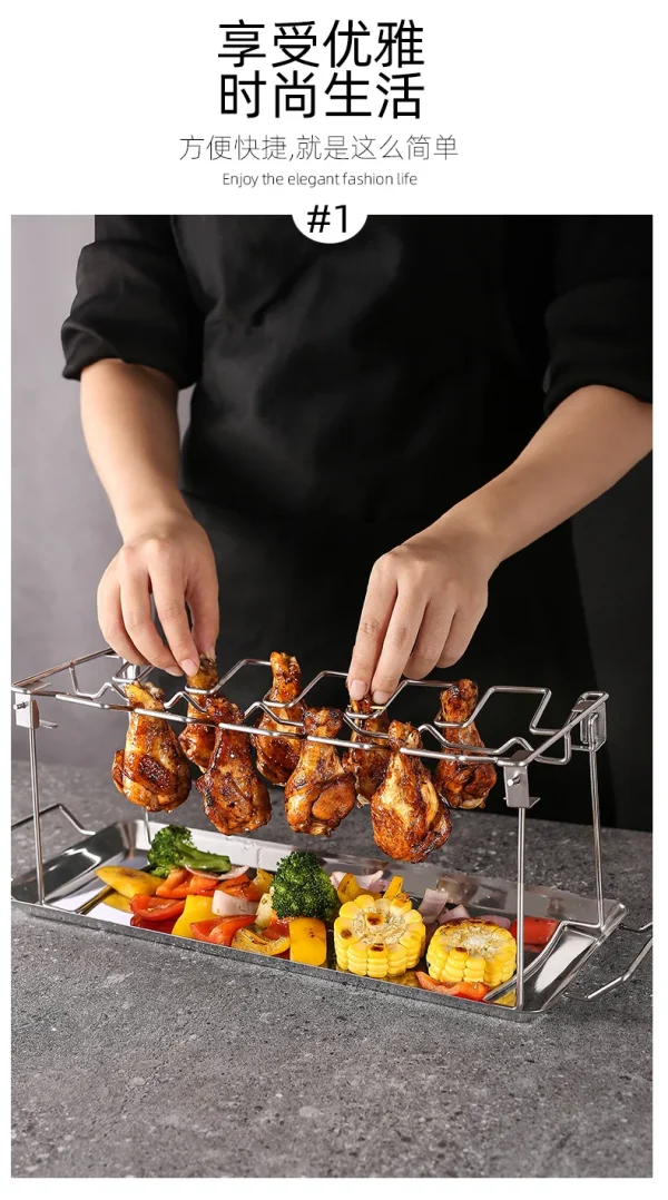 BBQ Beef Chicken Leg Wing Grill Rack 14 Slots Stainless Steel Barbecue Drumsticks Holder Oven Roaster Stand with Drip Pan Tools - Image 9