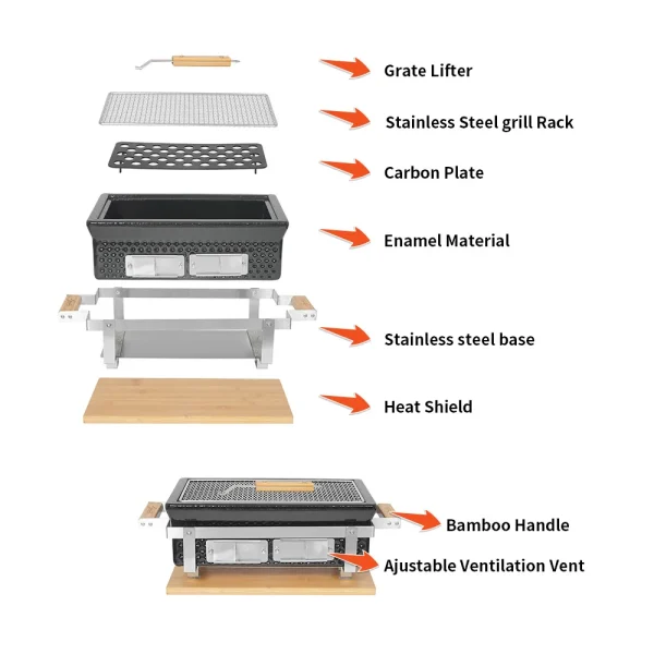 SEB KAMADO Charcoal BBQ Hibachi Grill With Grid Lifter Rectangular Portable Japanese Grill - Image 10