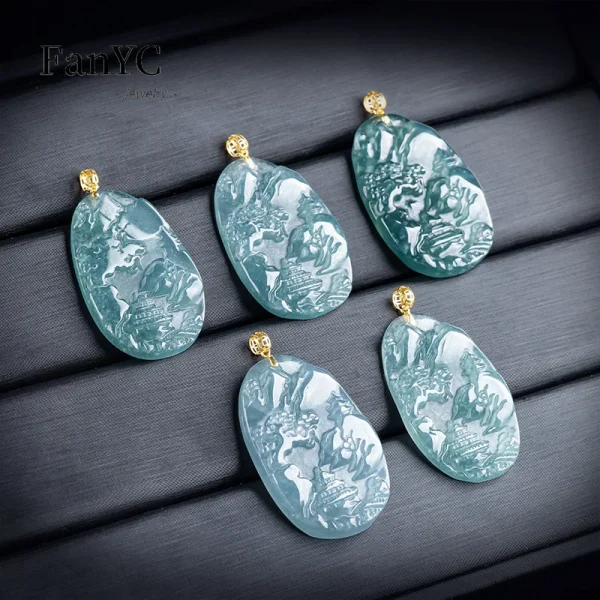 Natural Jadeite Blue Water Small Landscape Pendant 18K Gold Clasp Set Delicate Fashion Ice Jade Necklace High-grade Ladies Gift - Image 2