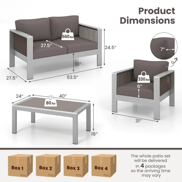 4 PCS Aluminum Patio Furniture Set with Thick Cushions & Tempered Glass Tabletop - Image 8