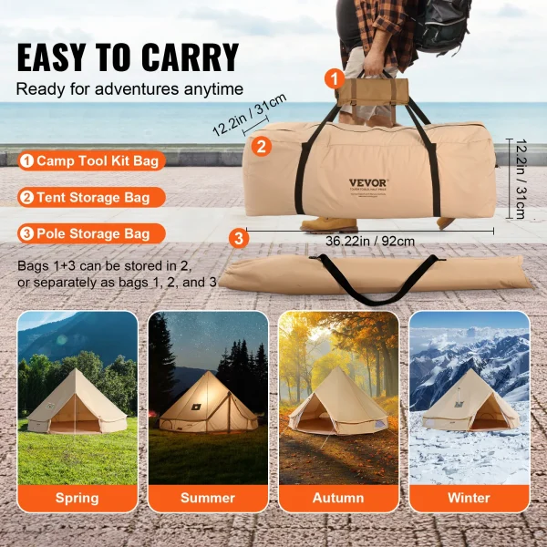 VEVOR Canvas Bell Tent 4 Seasons Canvas Tent for Camping with Stove Jack Breathable Tent Family Camping Outdoor Hunting Party - Image 6