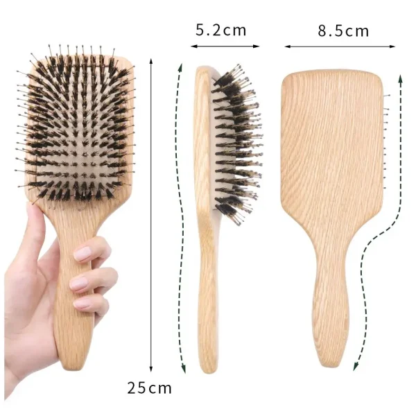 Boar Bristle HairBrush Wood Hair Brush Peine OAK Wood Combs for Women Barber Beauty Care Paddle Scalp Massage Brush - Image 4