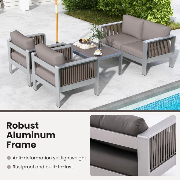 4 PCS Aluminum Patio Furniture Set with Thick Cushions & Tempered Glass Tabletop - Image 13