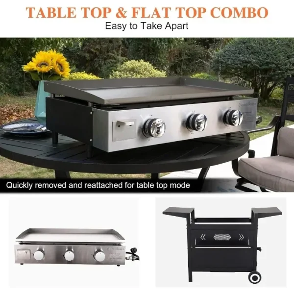 Flat Top Gas Griddle Grill with Lid 3-Burner Propane BBQ Grill Outdoor Cooking Station, Can Be Converted Into Table Top Griddle - Image 2