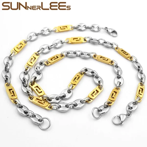 SUNNERLEES Jewelry Stainless Steel Necklace Bracelet Set 8mm Coffee Beans Link Chain Silver Color Gold Plated Men Women SC104 S - Image 2