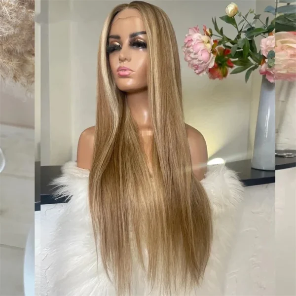 Ombre Glueless Honey Blonde Wig Human Hair Brown Highlight Wig Straight Wig 13x4 HD Lace Front Human Hair Wigs For Women - Image 5