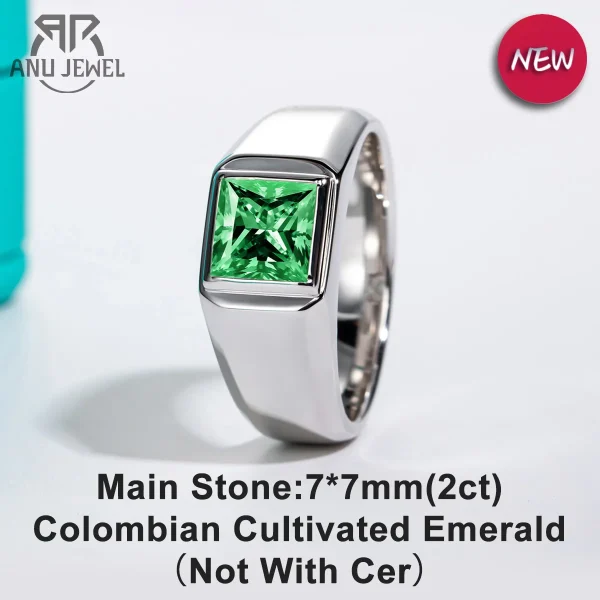 AnuJewel 2ct Princess Cut Colombian Cultivated Emerald Engagement Men Ring Gold Plated S925 Silver Luxury Rings For Men Jewelry