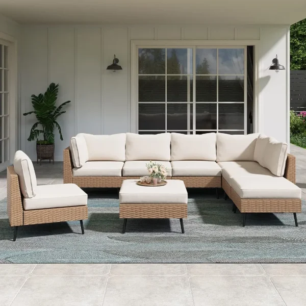 8 Piece Outdoor Sectional Sofa PE Rattan Patio Conversation Sets, All Weather Patio Furniture Set with Thick Cushions for Garden - Image 6