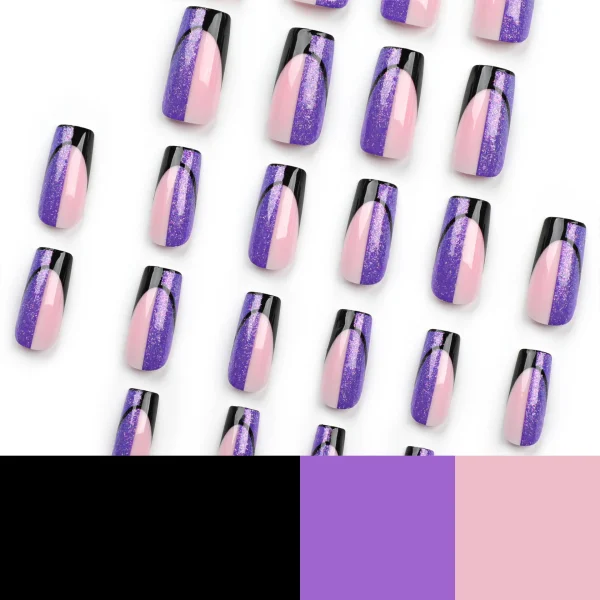 Press on Nails Medium Long Square , Purple Black Fake Nails with Glitter Design Gel Glue on Nails for Women Girls Full Cover Acr - Image 4