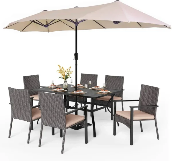 7 Pieces Patio Dining Set with Umbrella for 6, 60” Large Metal Iron Dining Table & Cushioned Rattan Wicker Chairs - Image 7