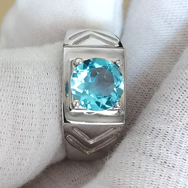 Men Ring 925 Silver 7.5mm Natural Blue Topaz Lucky Gemstone December Birthstone Birthday Gift R513BTN - Image 2