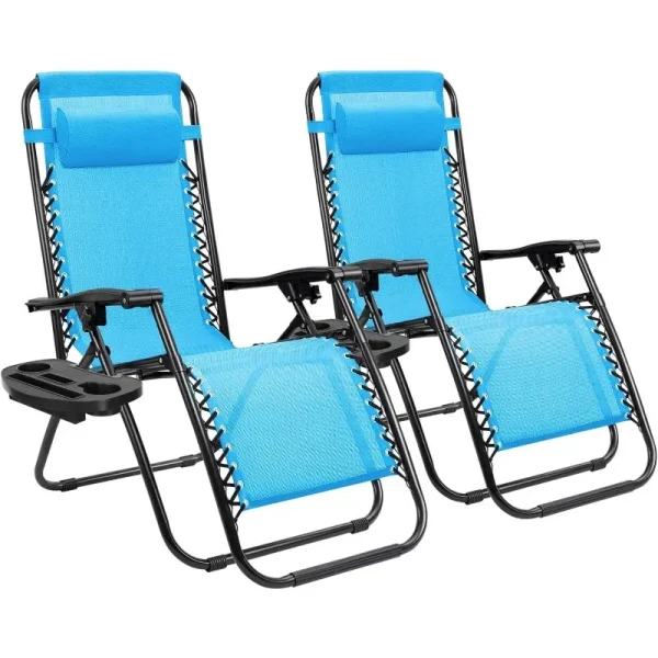 Zero Gravity Chair Patio Folding Lawn Outdoor Lounge Gravity Camp Reclining Lounge Chair with Cup Holder Pillows Set of 2 (Blue) - Image 27