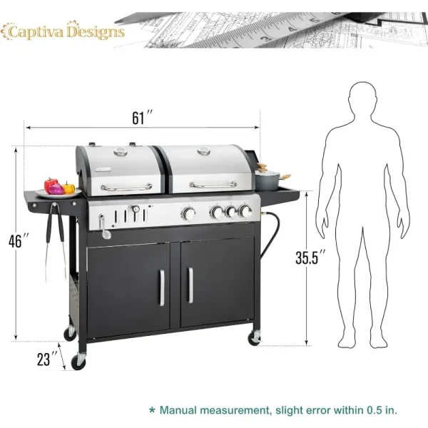 Captiva Designs Propane Gas Grill and Charcoal Grill Combo with Side Burner & Porcelain-Enameled Cast Iron Grate - Image 6