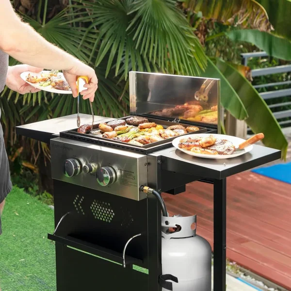 2-Burner Gas BBQ Grill With Flat Top, Small Outdoor Propane Barbecue Grill with Side Shelves