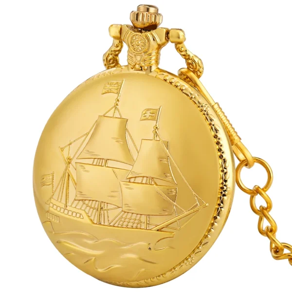 Luxury Gold Model Military Series U.S Navy USS Constitution Sail Frigate Quartz Pocket Watch FOB Necklace Chain Watch for Men - Image 4