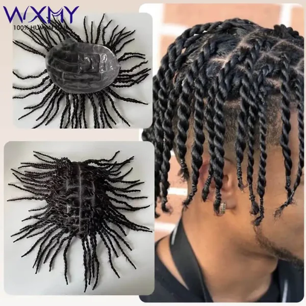 Toupee Men Wig Knotted PU Twist Crochet Braids Male Hair Prosthesis 6" Human Hair Men's Capillary Prothesis Durable Hair Systems