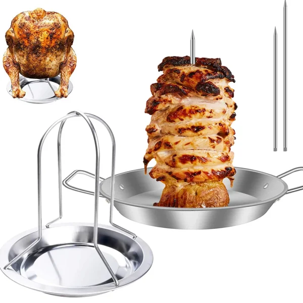 Vertical Skewer Chicken Roaster Rack with Bowl Metal Chicken Roaster Holder Replacement Spikes with Handle Smoker Accessories