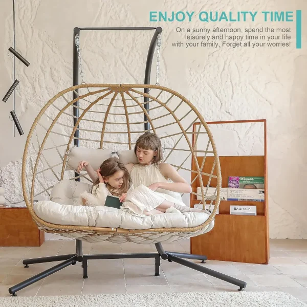 Double Egg Swing Chair w/Stand, 2 Person Wicker Hanging Chair, Outdoor Indoor Oversized Hammock Chair w/ Cushion for Patio Porch - Image 6