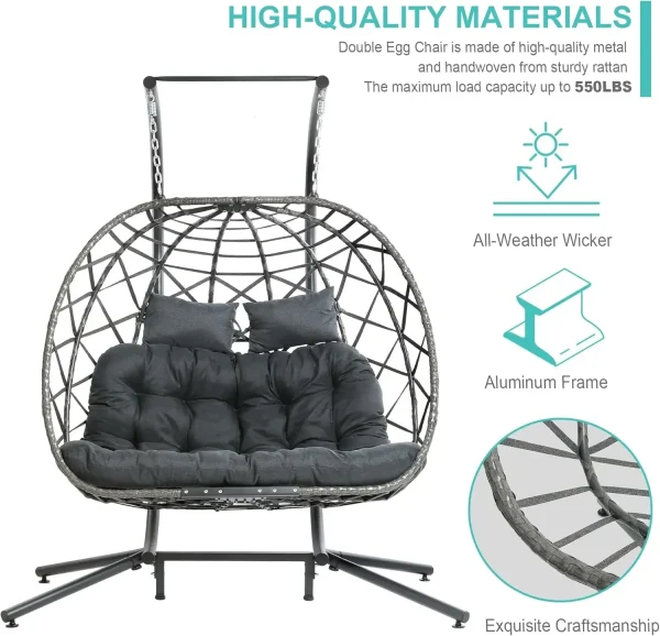 Double Egg Swing Chair w/Stand, 2 Person Wicker Hanging Chair, Outdoor Indoor Oversized Hammock Chair w/ Cushion for Patio Porch - Image 12