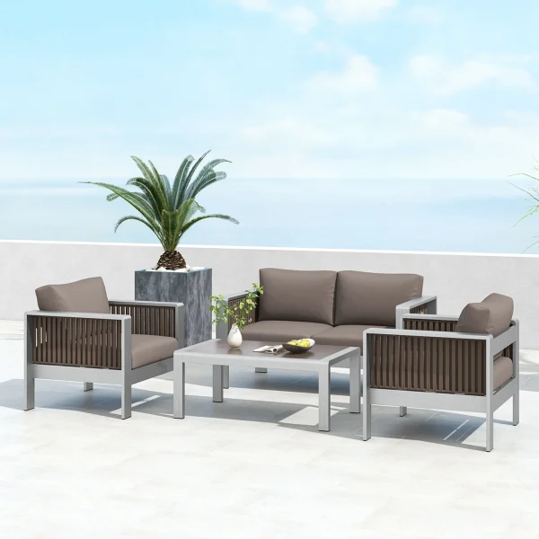 4 PCS Aluminum Patio Furniture Set with Thick Cushions & Tempered Glass Tabletop - Image 2