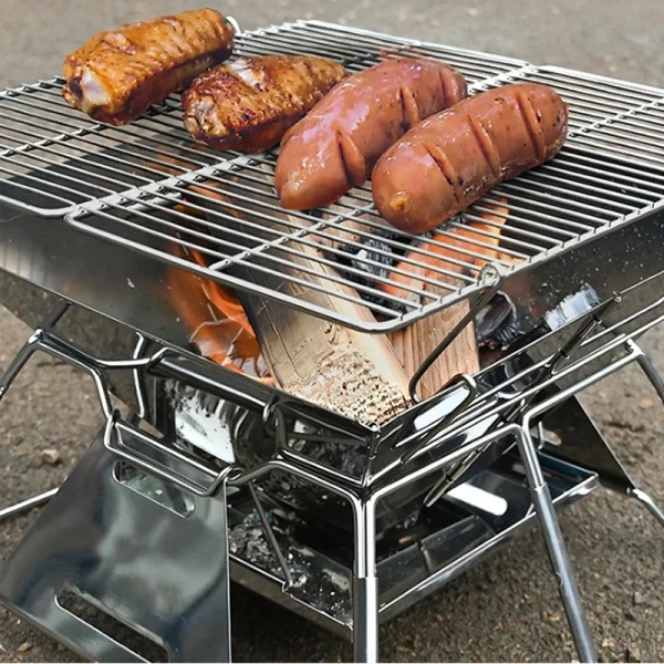 Folding Grill Fire Pit Outdoor Table Camping Stove Stainless Steel Foldable Barbecue With A Charcoal Rack Grill - Image 2