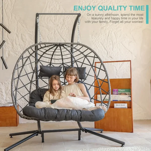 Double Egg Swing Chair w/Stand, 2 Person Wicker Hanging Chair, Outdoor Indoor Oversized Hammock Chair w/ Cushion for Patio Porch - Image 13