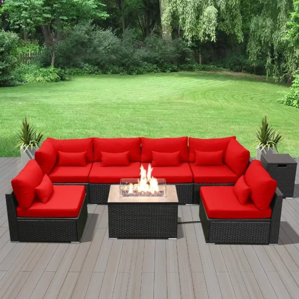 Patio Furniture Sectional Sofa with Gas Fire Pit Table Outdoor Patio Furniture Sets Propane Fire Pit (red-Rectangular Tab - Image 6