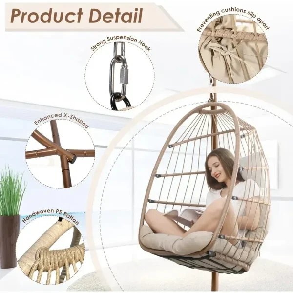 Egg Chair,with Stand Outdoor Swinging Egg Chair with Water Resistant Cushions PE Rattan Wicker Egg Chair Foldable Basket - Image 5