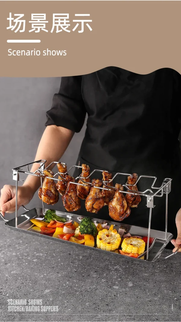 BBQ Beef Chicken Leg Wing Grill Rack 14 Slots Stainless Steel Barbecue Drumsticks Holder Oven Roaster Stand with Drip Pan Tools - Image 15