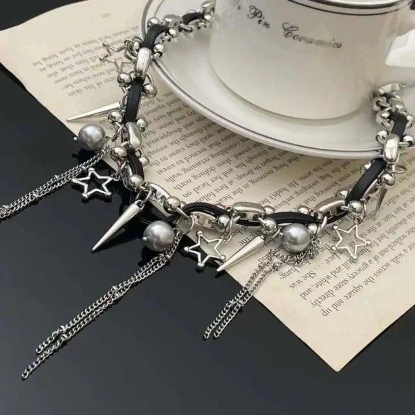 Sweet Cool Metal Chain Rivet Choker Tassel Star Y2K PU Necklace Pendant Jewelry Accessories Gift - Image 10