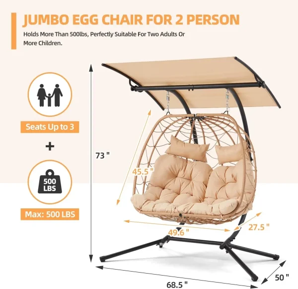 Double Egg Chair with Adjustable Canopy, Oversized Hanging Swing Chair, Cushion Basket Hammock Nest Chair, Outdoor Patio, Garden - Image 4