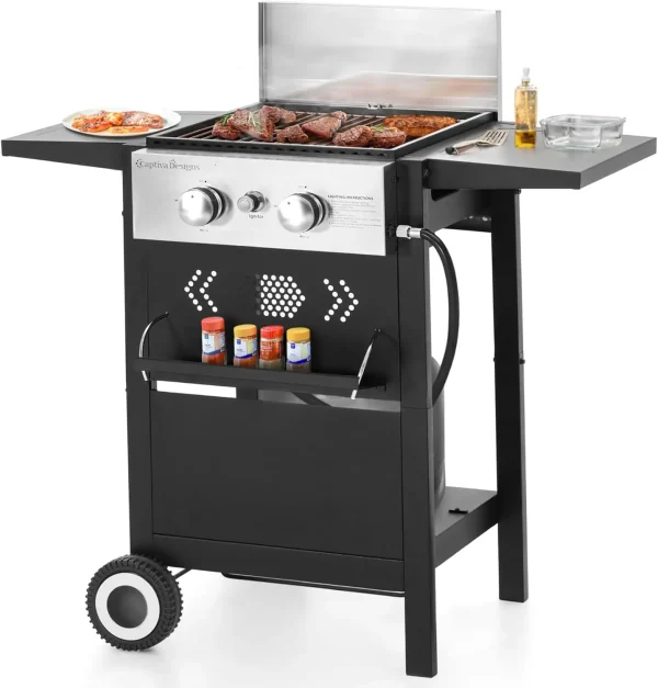 2-Burner Gas BBQ Grill With Flat Top, Small Outdoor Propane Barbecue Grill with Side Shelves - Image 2