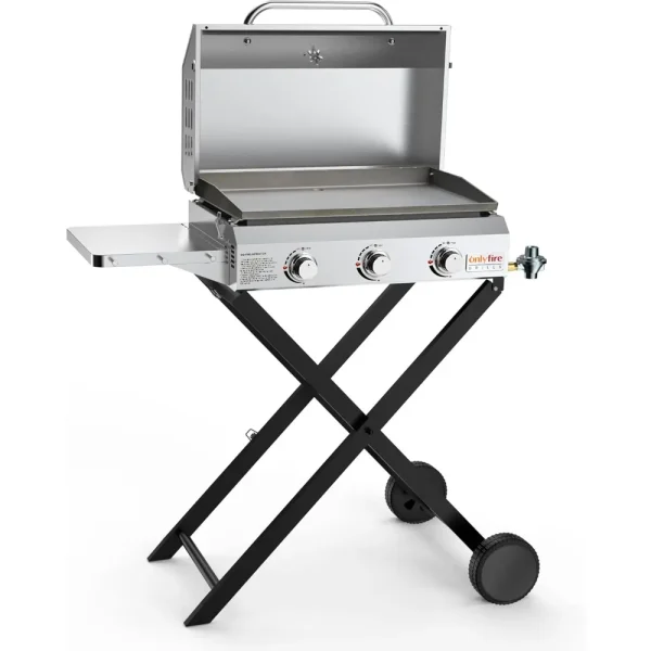 Portable Gas Griddle 3-Burner with Foldable Cart & Side Table, Stainless Steel Flat Top Gas Grill Griddle Stove with Lid - Image 2