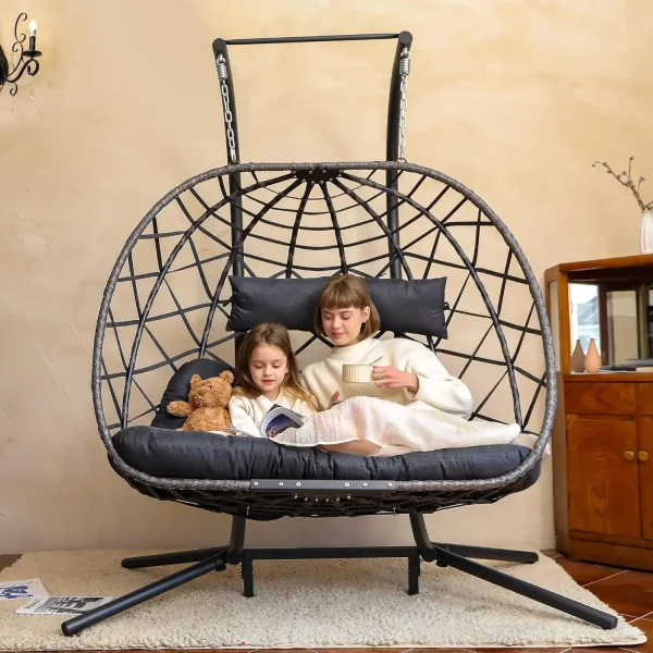 Double Egg Swing Chair w/Stand, 2 Person Wicker Hanging Chair, Outdoor Indoor Oversized Hammock Chair w/ Cushion for Patio Porch - Image 8