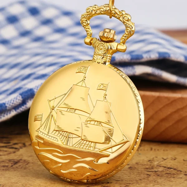 Luxury Gold Model Military Series U.S Navy USS Constitution Sail Frigate Quartz Pocket Watch FOB Necklace Chain Watch for Men - Image 16