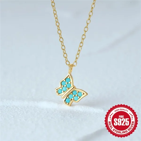 VAL 925 Sterling Silver 18K Gold Color Natural Stone Necklace Turquoise Butterfly Pendant Chain Women's Fashion Jewellery Gifts - Image 3