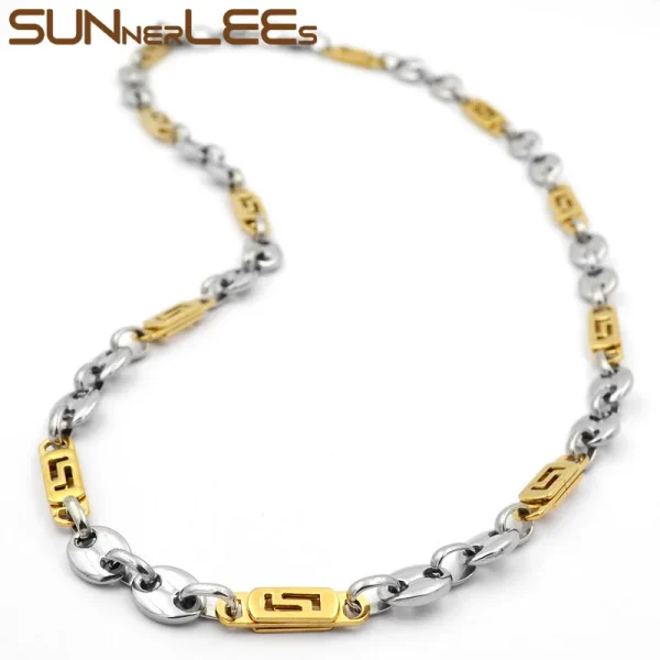 SUNNERLEES Jewelry Stainless Steel Necklace Bracelet Set 8mm Coffee Beans Link Chain Silver Color Gold Plated Men Women SC104 S - Image 6