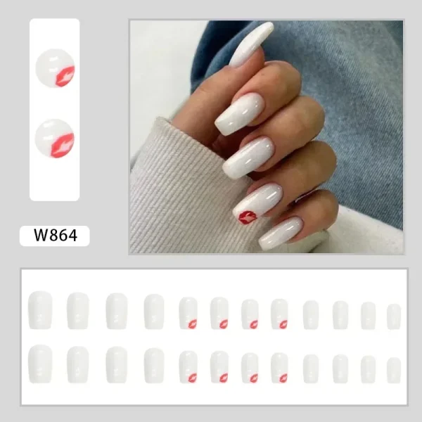 Hot Sexy Girl Simple Glossy Pure White Red Lip Long Coffin Fake Nail Tips Full Finished False Nail Press on Glue Manicure Woman - Image 2