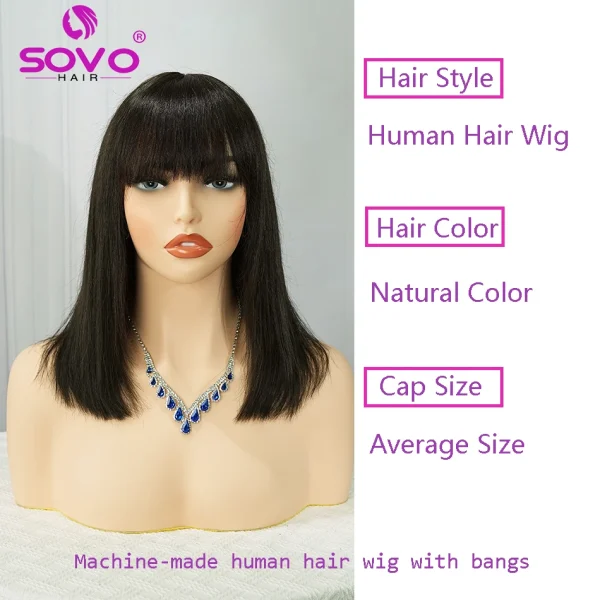 Machine-made Human Hair wig with bangs Straight Bob Full Machine Made Wigs No Lace For Women 10 12 14 Inches 100% Human Hair Wig - Image 2