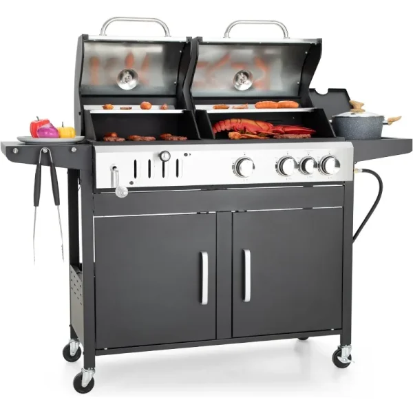 Captiva Designs Propane Gas Grill and Charcoal Grill Combo with Side Burner & Porcelain-Enameled Cast Iron Grate