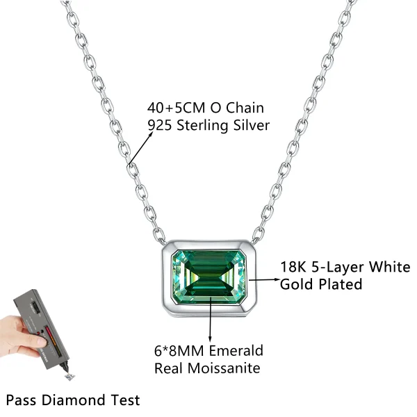 D VVS1 2CT Emerald Moissanite Pendant Necklace for Women Jewelry Plated 18K White Gold Sterling Silver Fashion Adjustable Chain - Image 2