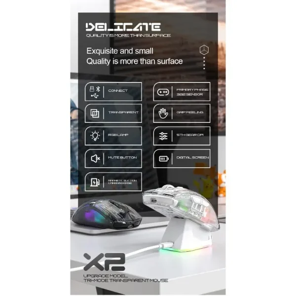 Attack Shark X2 Pro Magnetic Charging Bluetooth Mouse, Tri-Mode , RGB Lights, Transparent, Battery Indicator, Computer Phone - Image 10