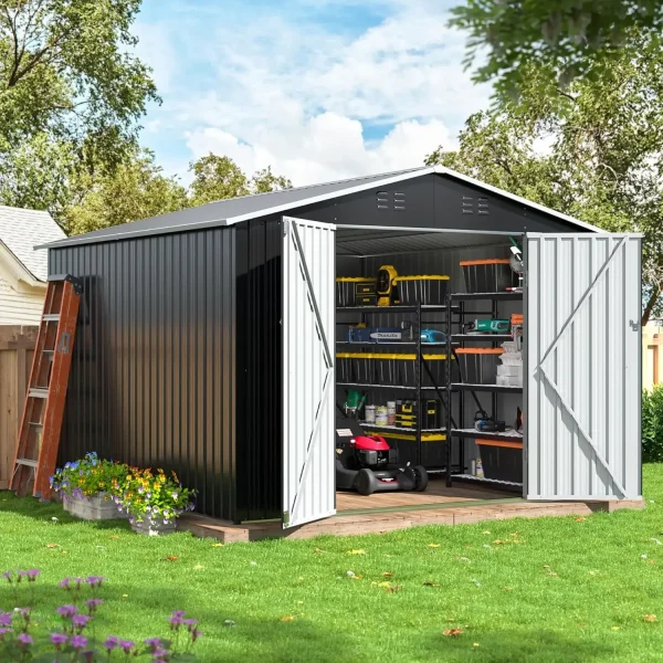 Garden Shed with Updated Frame Structure and Lockable Doors, Metal Tool Sheds for Backyard Garden Patio Lawn, Grey - Image 9