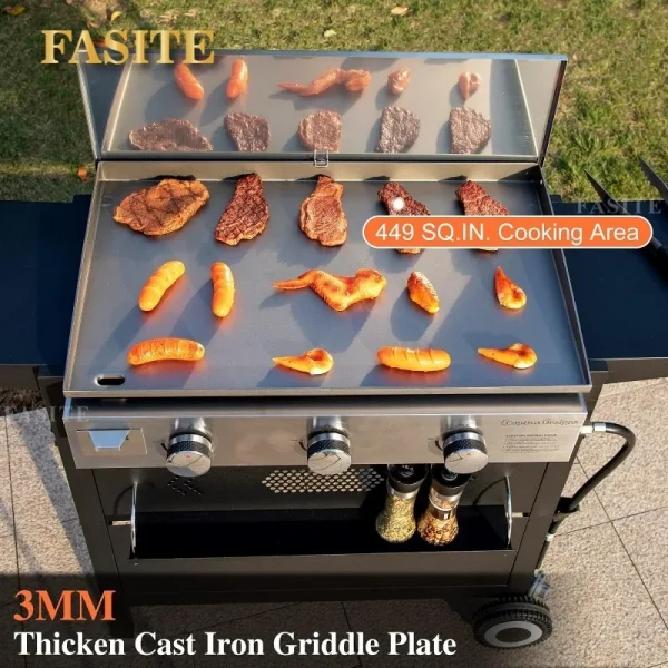 Flat Top Gas Griddle Grill with Lid 3-Burner Propane BBQ Grill Outdoor Cooking Station, Can Be Converted Into Table Top Griddle - Image 10