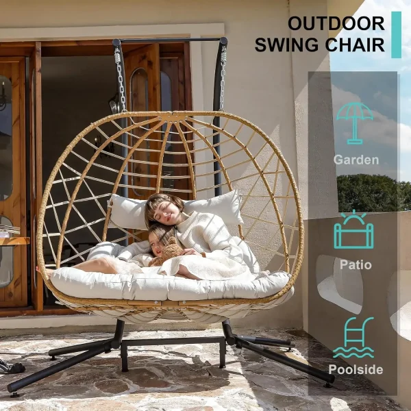 Double Egg Swing Chair w/Stand, 2 Person Wicker Hanging Chair, Outdoor Indoor Oversized Hammock Chair w/ Cushion for Patio Porch