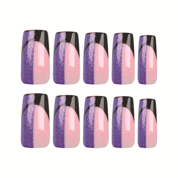 Press on Nails Medium Long Square , Purple Black Fake Nails with Glitter Design Gel Glue on Nails for Women Girls Full Cover Acr - Image 5