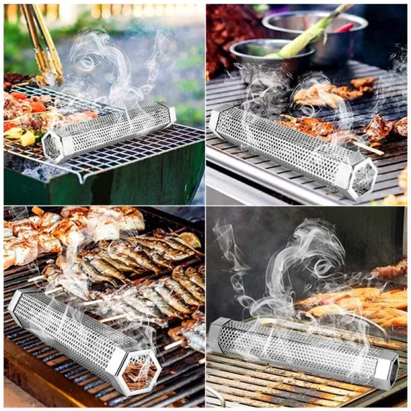 BBQ Hexagon Grill for Outdoor Camping, Smoking Mesh Tube, Stainless Barbecue Pellet Smoker, Kitchen Utensils, 12 in - Image 2