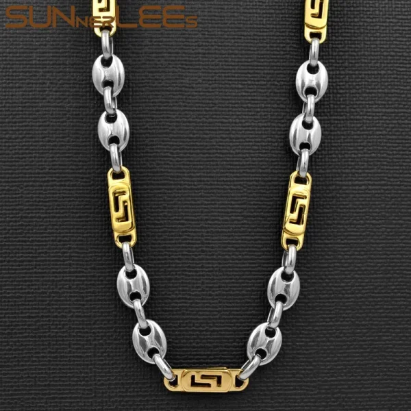 SUNNERLEES Jewelry Stainless Steel Necklace Bracelet Set 8mm Coffee Beans Link Chain Silver Color Gold Plated Men Women SC104 S - Image 7